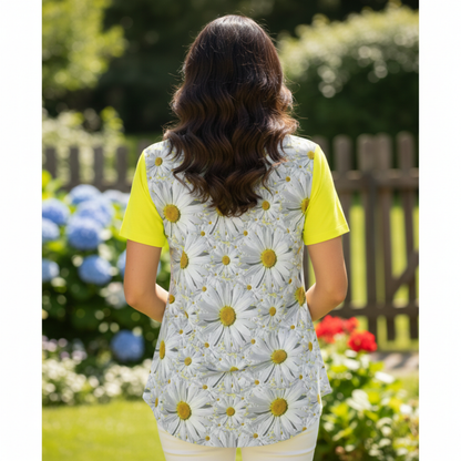 TRP Floral Print 08: English Daisies 01 Designer Scoop Neck Pleated Blouse