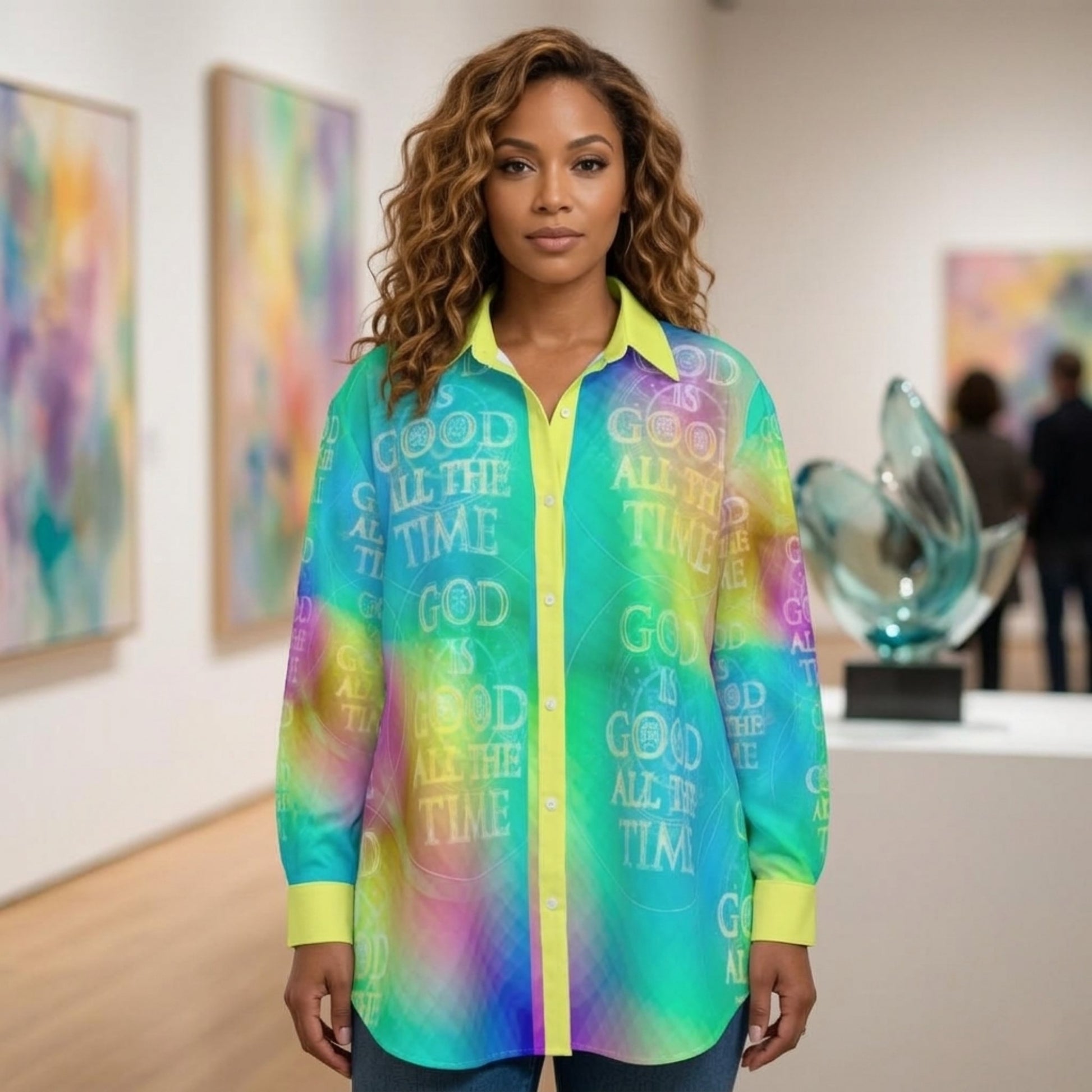A woman in an art gallery wearing a vibrant teal and lime oversized button-down shirt featuring the repeated phrase "GOD IS GOOD ALL THE TIME.
