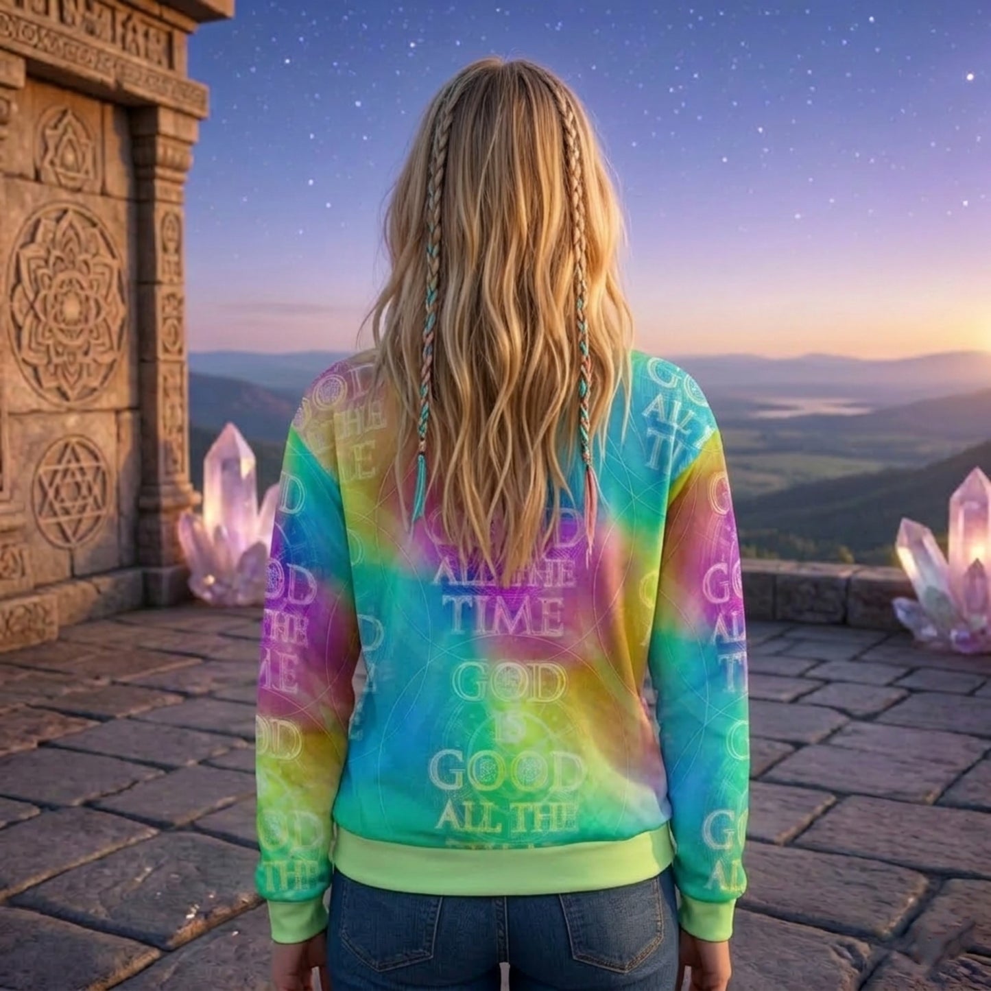Front View of a vibrant rainbow tie-dye sweatshirt featuring "God is Good All The Time" text, worn by a blonde woman in a mystical setting with large crystals and starlit sky.