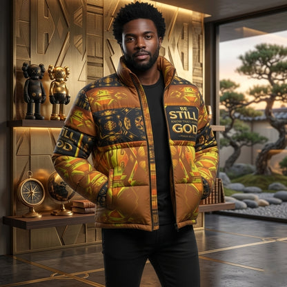 Hebrew World 01-03 Sacred Stillness Psalm 46:10 Men's Stand Collar Puffer Jacket