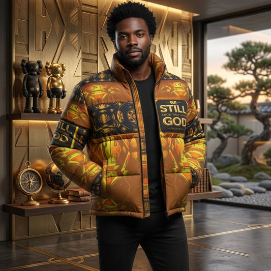 Hebrew World 01-03 Sacred Stillness Psalm 46:10 Men's Stand Collar Puffer Jacket
