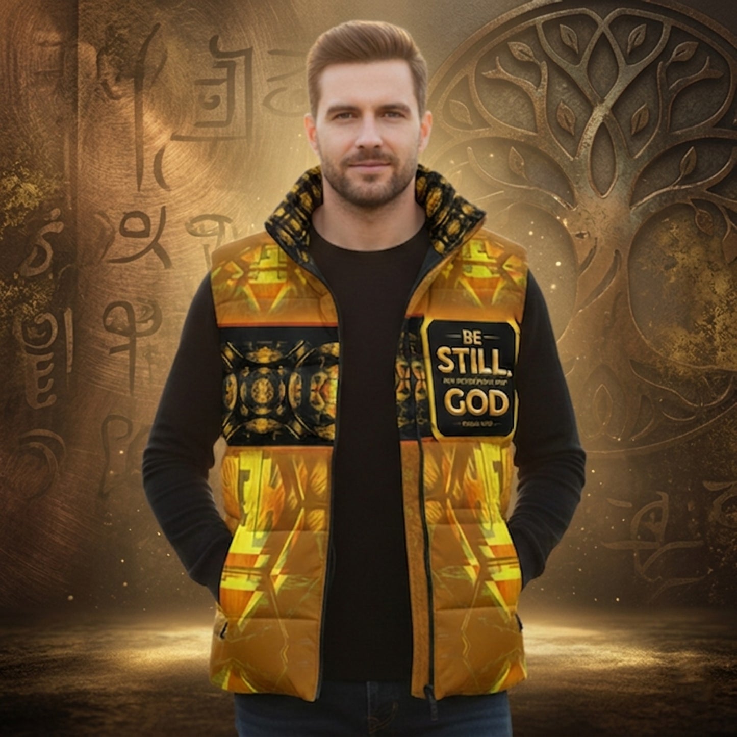 Hebrew World 01-03 Sacred Stillness Psalm 46:10 Stand Collar Puffer Vest