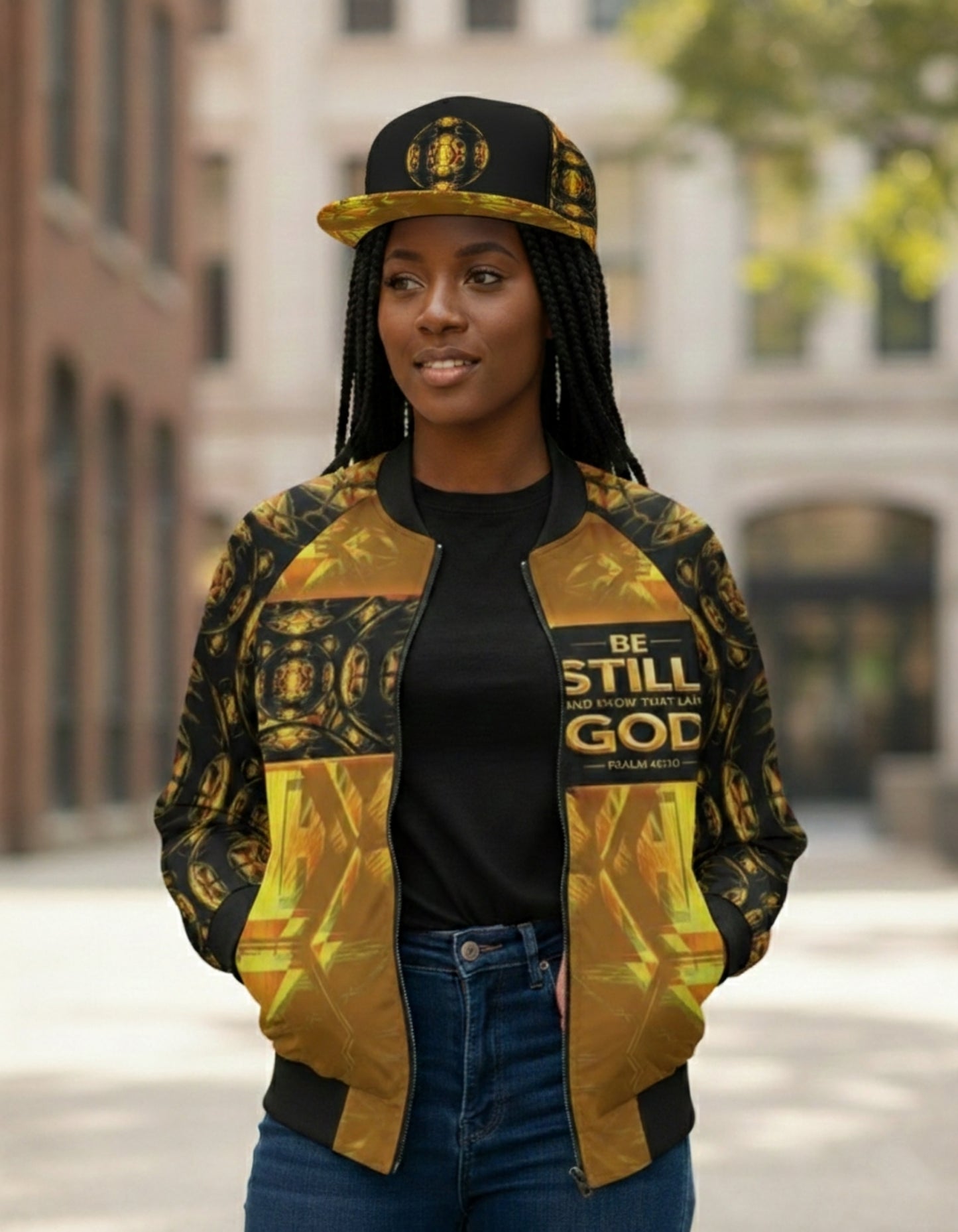 A woman in a patterned bomber jacket and matching baseball cap with a gold circular emblem, standing on a city street.