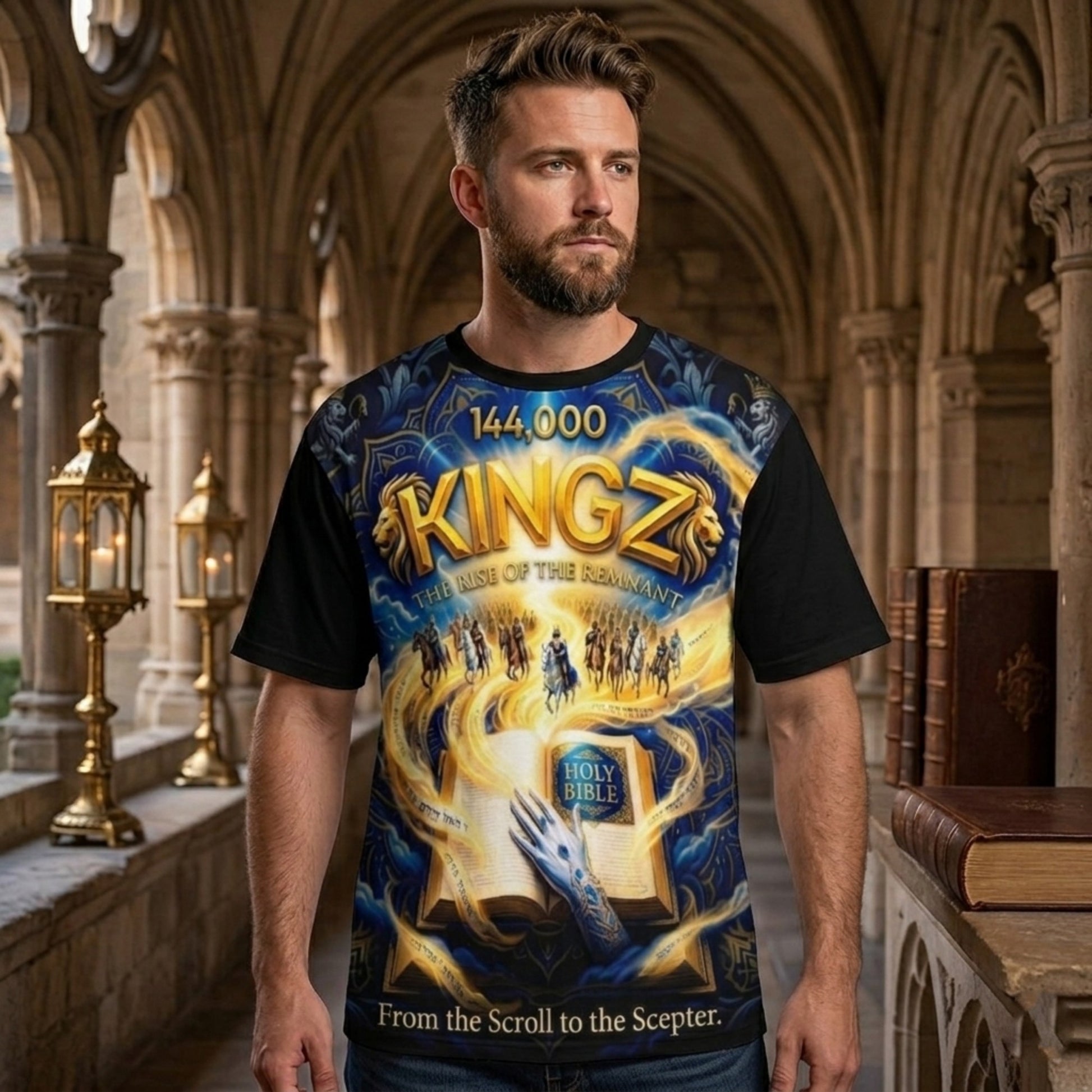 A t-shirt featuring vibrant graphic art of a glowing Bible, riders, and the text "144,000 KINGZ: The Rise of the Remnant" in a vaulted stone hall.