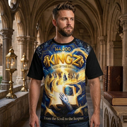 A t-shirt featuring vibrant graphic art of a glowing Bible, riders, and the text "144,000 KINGZ: The Rise of the Remnant" in a vaulted stone hall.