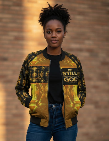 Three-quarter view of a woman posing in a "Be Still" gold and black bomber jacket with intricate patterns on the sleeves and body.