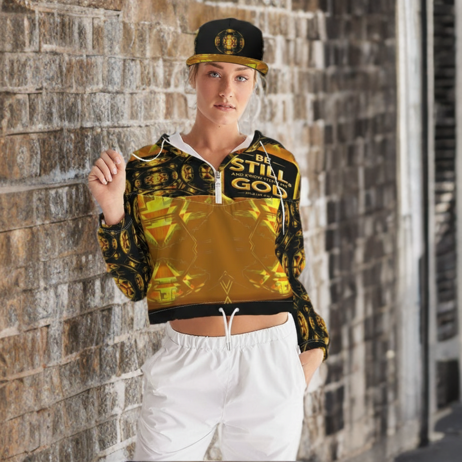 Woman poses by brick wall wearing a black and gold patterned "Be Still" crop jacket and matching cap, with white pants.