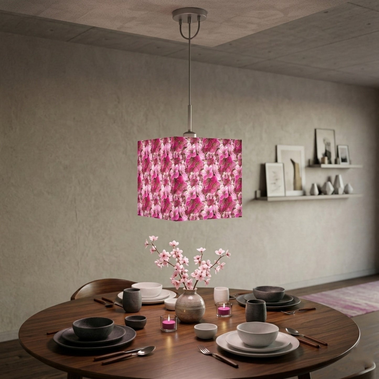 Modern dining room featuring a square pendant light with a pink floral pattern hanging over a wooden table set for a meal with cherry blossoms in a vase.