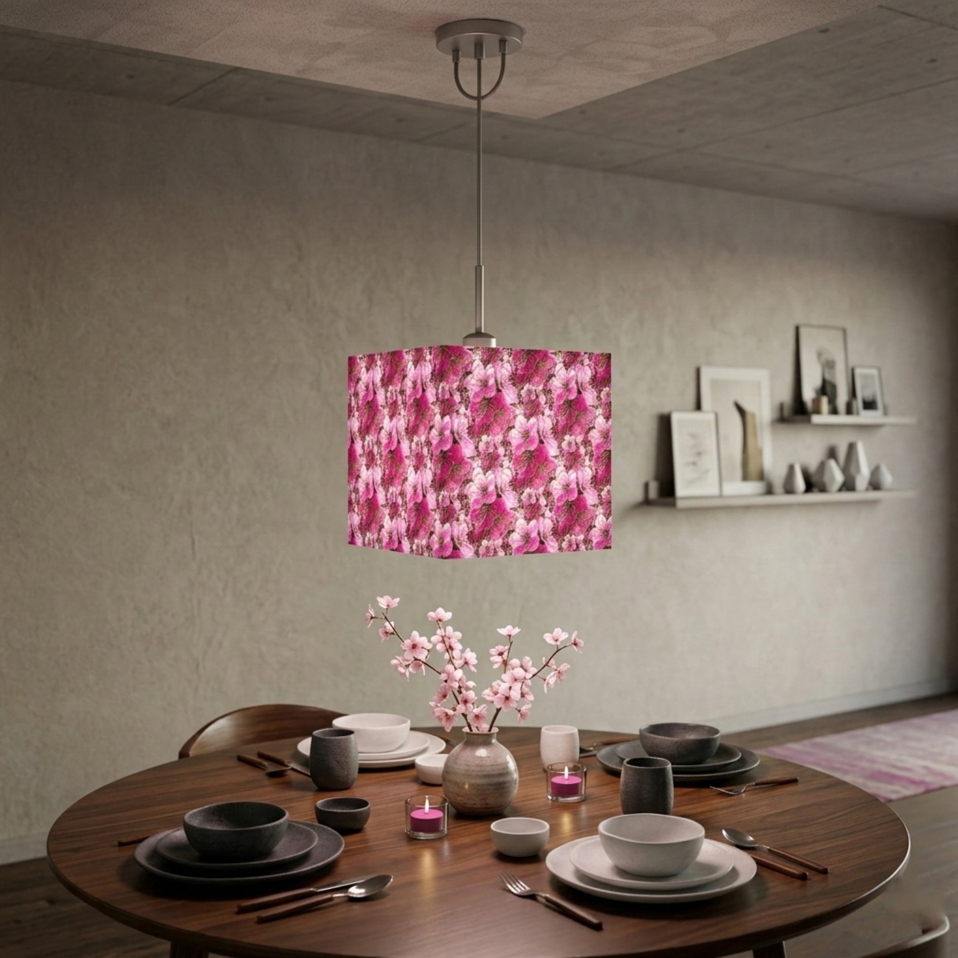 Modern dining room featuring a square pendant light with a pink floral pattern hanging over a wooden table set for a meal with cherry blossoms in a vase.