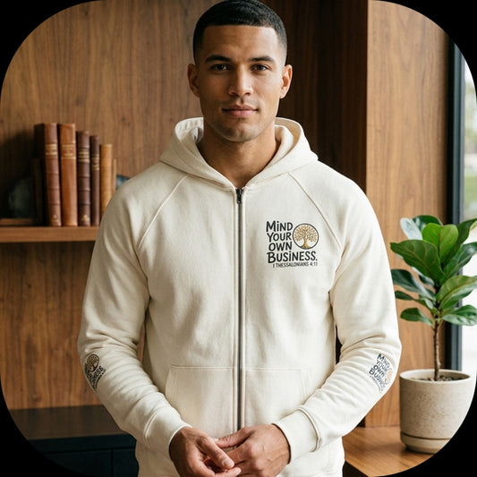 Outspoken Designs 06-01 "Mind Your Own Business" Designer Heavyweight Raglan Fleece Lined Full Zip Unisex Hoodie (Beige/White)