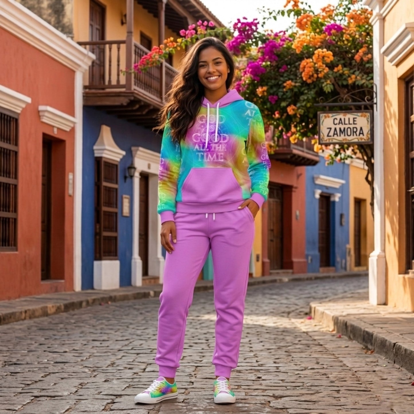 A woman smiling on a vibrant cobblestone street wearing a purple tracksuit and a colorful tie-dye hoodie with "God is Good All the Time" text.