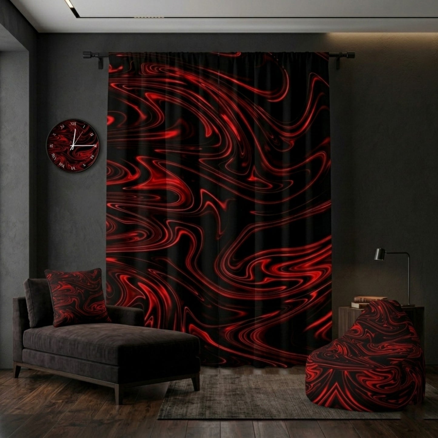 A moody lounge with floor-to-ceiling red swirl curtains, a matching bean bag and pillow, and a dark chaise longue on a wooden floor.