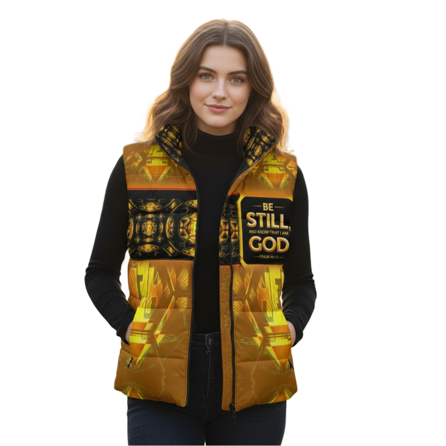 Hebrew World 01-03 Sacred Stillness Psalm 46:10 Stand Collar Puffer Vest