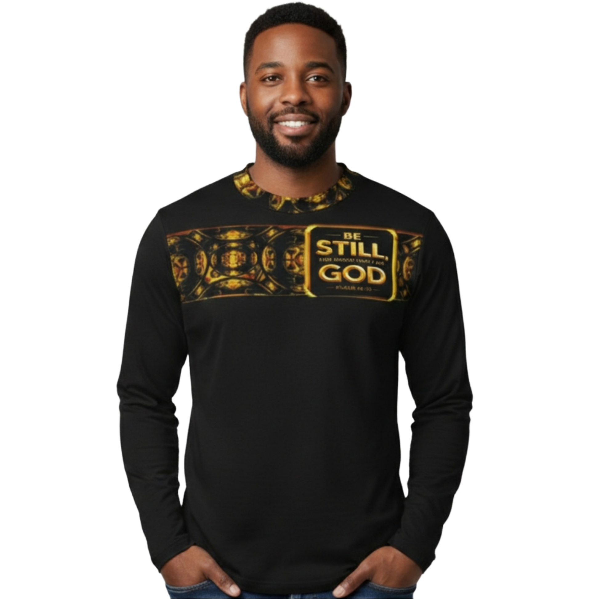 Man in long sleeve tee featuring a gold "Sacred Stillness" design with "Be Still" plaque across the chest.