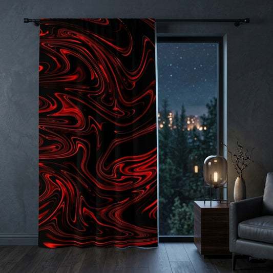 Red and black marble patterned curtains in a dark, modern room with a large window showing a starry night sky.