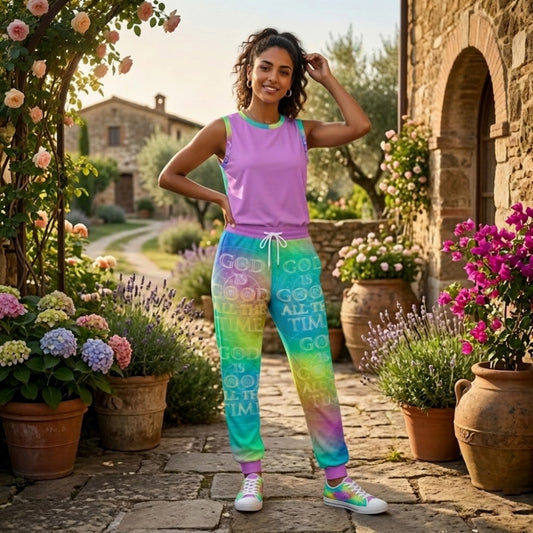 Front view of a woman in a garden wearing a purple tank top and "God is Good All the Time" joggers, standing among potted flowers and stone buildings.