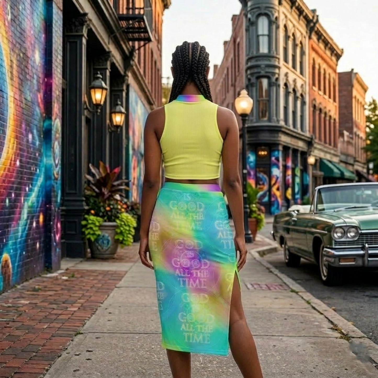 Front view of a smiling woman in a neon yellow crop top and a tie-dye midi skirt with "God is Good All the Time" text, standing on a vibrant city sidewalk.