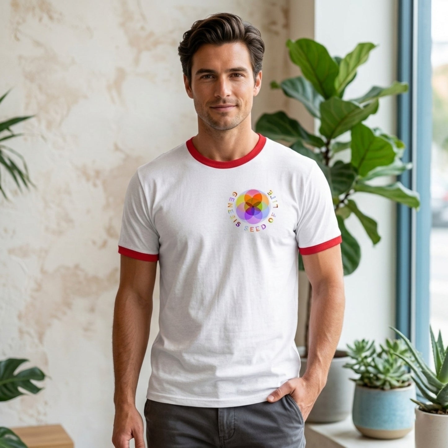 Sacred Geometry: Genesis Seed of Life 01-01 Designer Port & Co. Men's Ringer T-shirt (3 colors)
