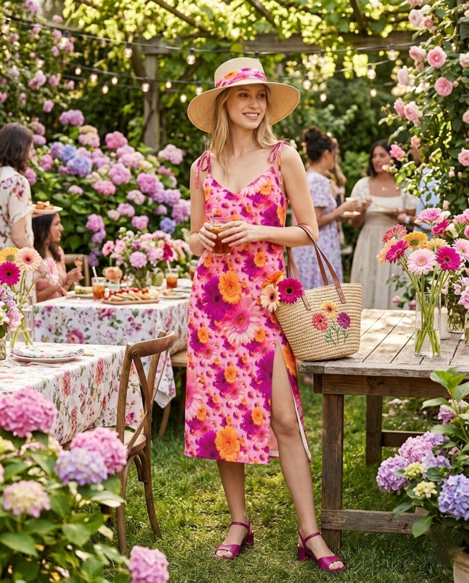 A smiling woman in a pink floral dress and straw hat holds a drink at a garden party with hydrangeas.