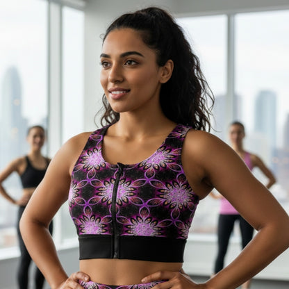 Geo-Graphic 01: Electric Petals Zip Front Sports Bra