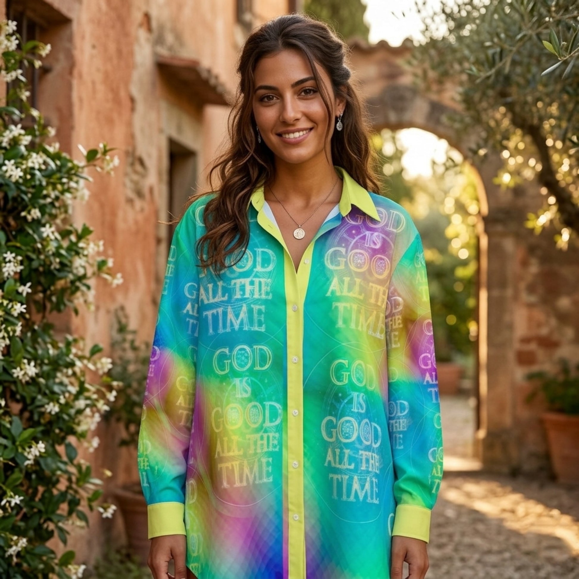 A woman smiling in a rustic courtyard wearing a vibrant teal and lime shirt with "GOD IS GOOD ALL THE TIME" typography.