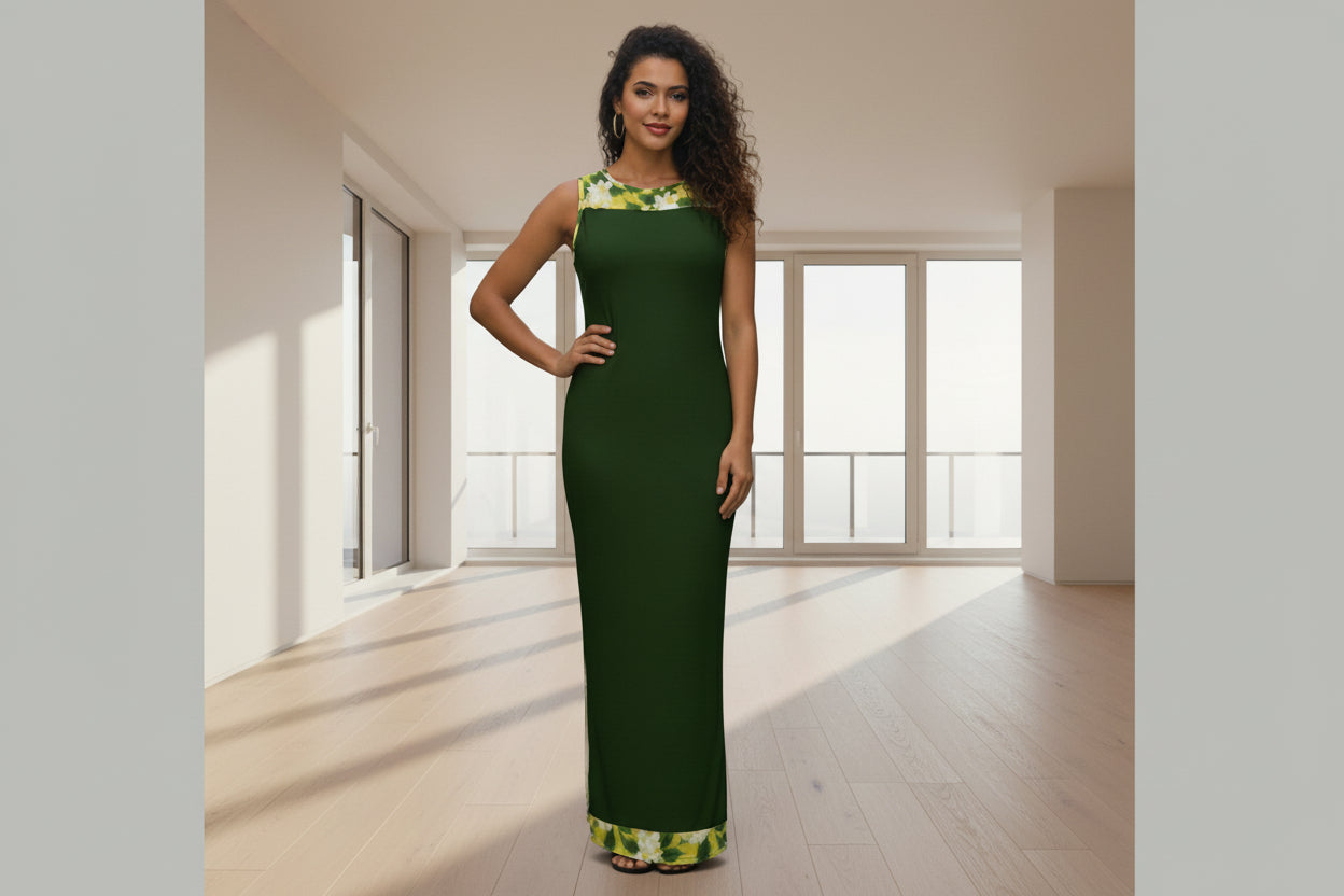 TRP Floral Print 10: Jasmine Vine 01-01 Designer Fitted Sleeveless Slit Maxi Dress