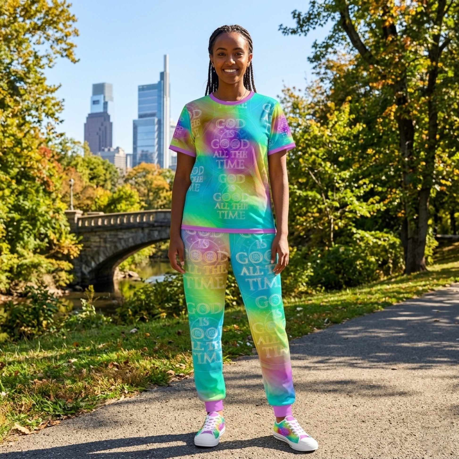 Front view of a woman in a park wearing a colorful "God is Good All the Time" t-shirt and jogger set with a city skyline and stone bridge behind her.