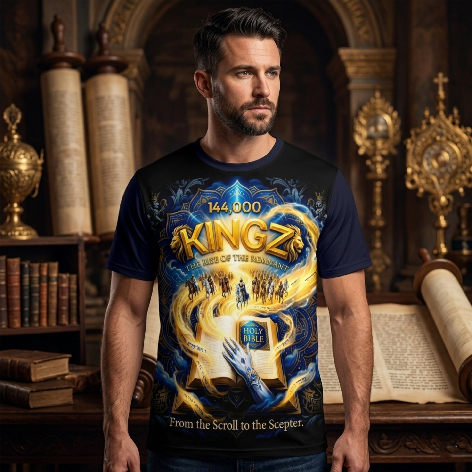 Front view of a man in a black t-shirt with "144,000 KINGZ" and "The Rise of the Remnant" over a Bible and horsemen illustration in an ornate library.