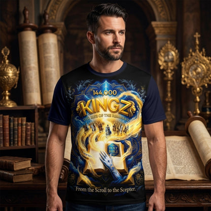 Front view of a man in a black t-shirt with "144,000 KINGZ" and "The Rise of the Remnant" over a Bible and horsemen illustration in an ornate library.