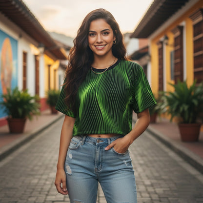 Front view of a smiling woman in a green wavy-patterned crop top and jeans, standing on a cobblestone street with colorful buildings.