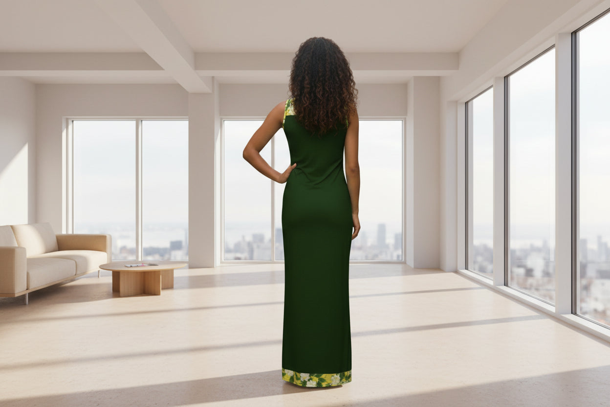 TRP Floral Print 10: Jasmine Vine 01-01 Designer Fitted Sleeveless Slit Maxi Dress