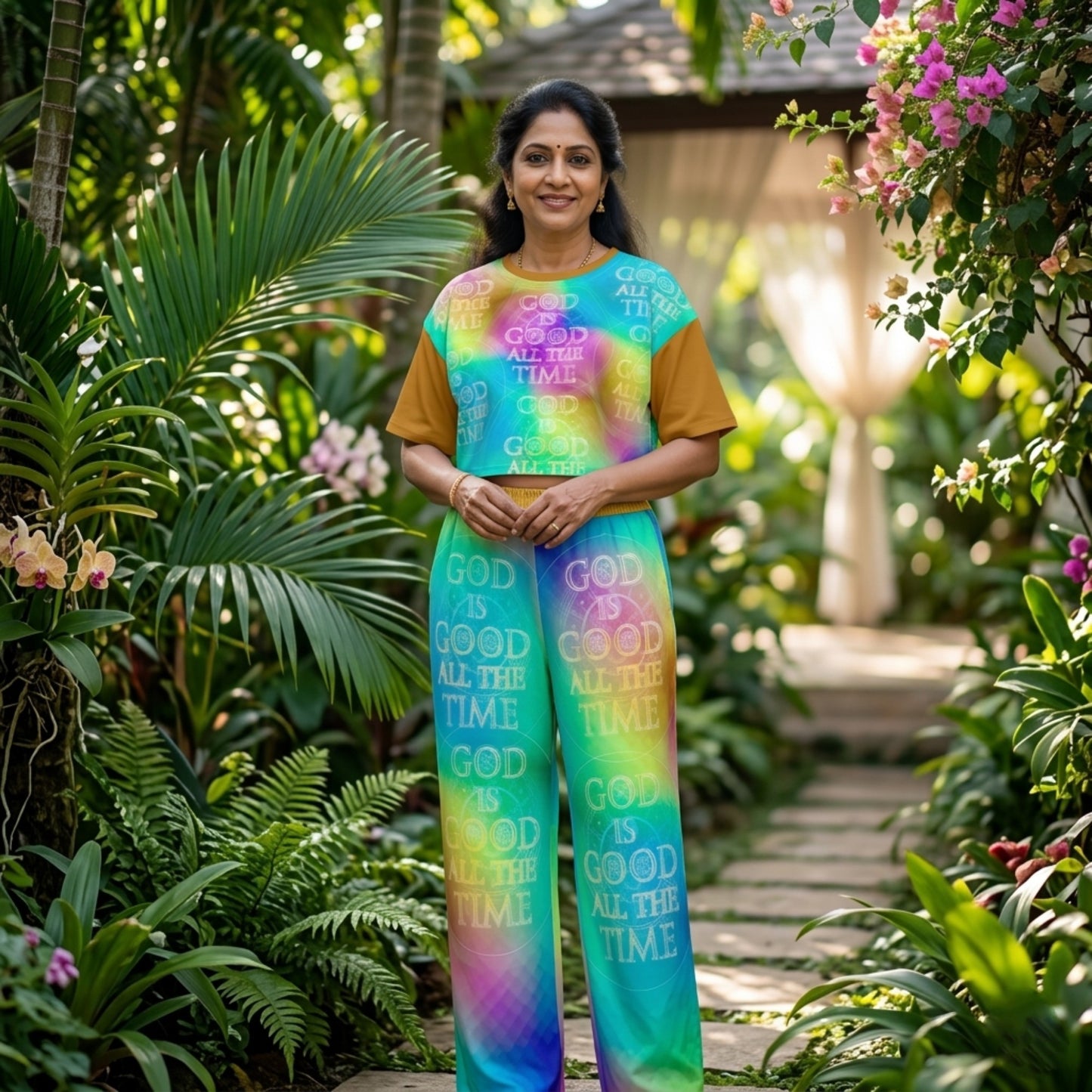 Front view of a smiling woman in a garden wearing a colorful tie-dye "God is Good All the Time" crop top and matching wide-leg pants.