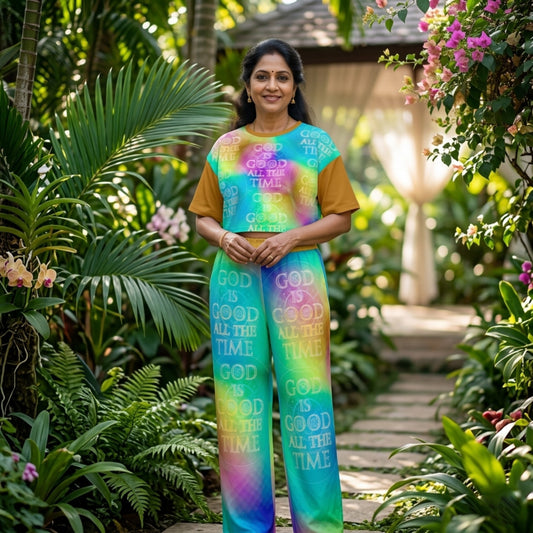 Front view of a smiling woman in a garden wearing a colorful tie-dye "God is Good All the Time" crop top and matching wide-leg pants.