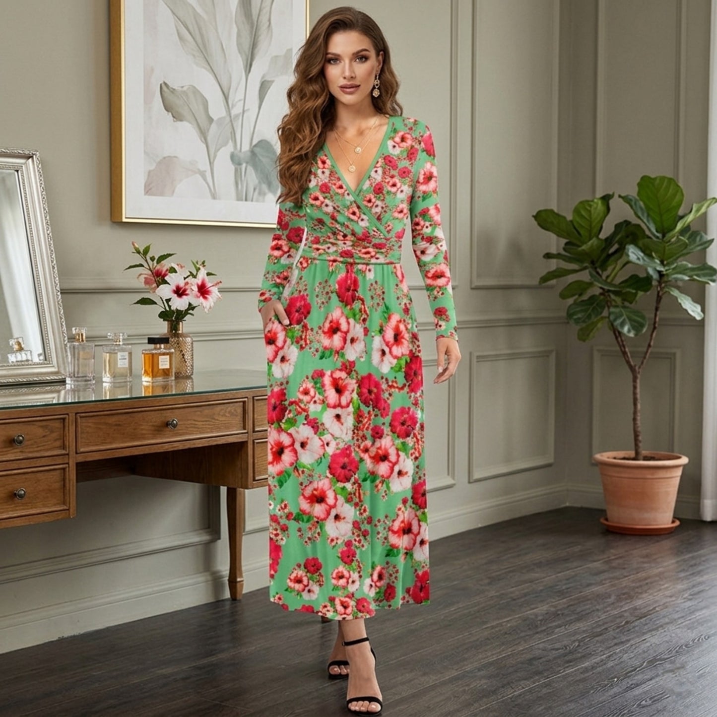TRP Floral Prints (03): Hibiscus Flowers (01-02) "Deshe Abundance" | Long Sleeve Maxi Dress