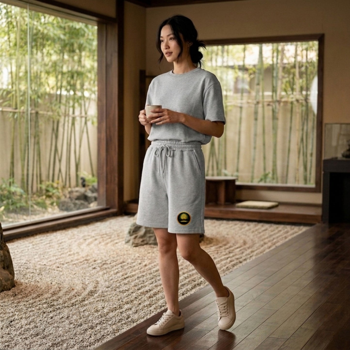 A woman in a Zen garden wearing grey Yahuah: Tree of Life sweat shorts with a gold emblem on the front leg.