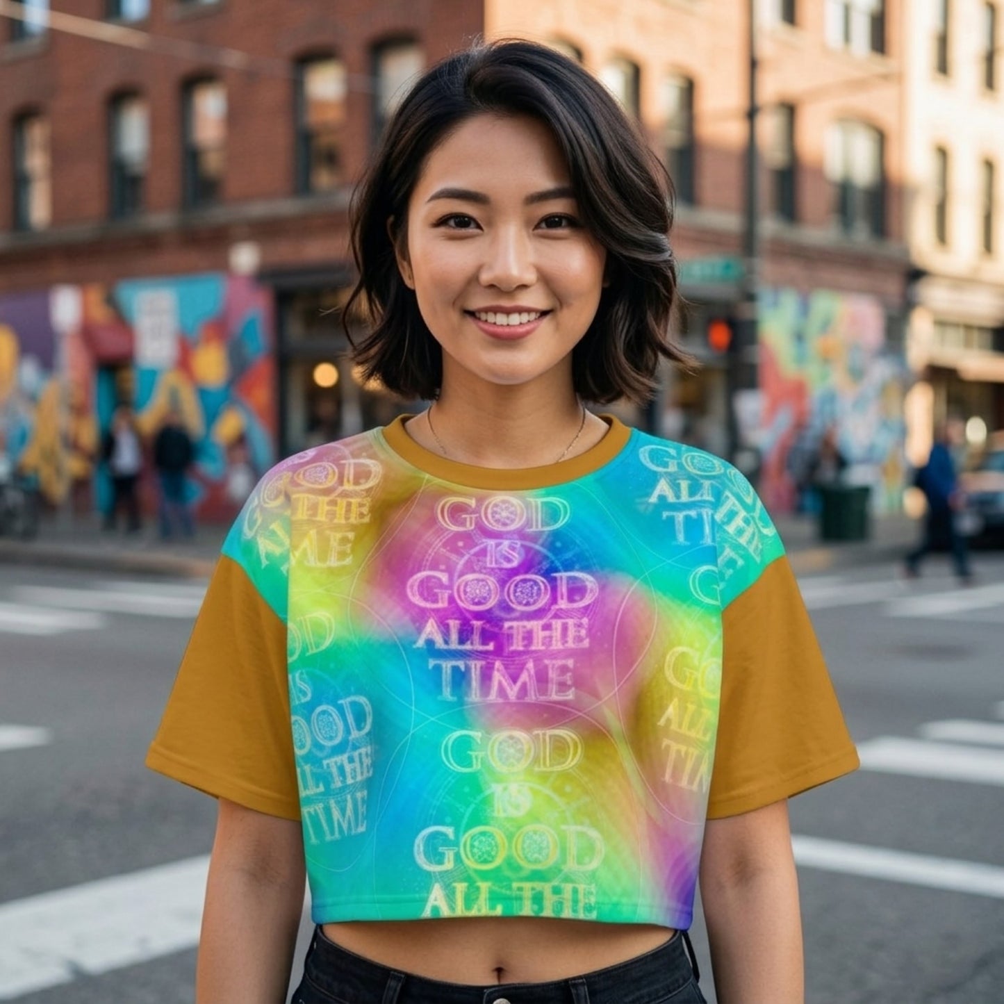 Front view of a smiling woman in a city wearing a "God Is Good All The Time" crop top with a vibrant, rainbow tie-dye pattern and mustard sleeves.