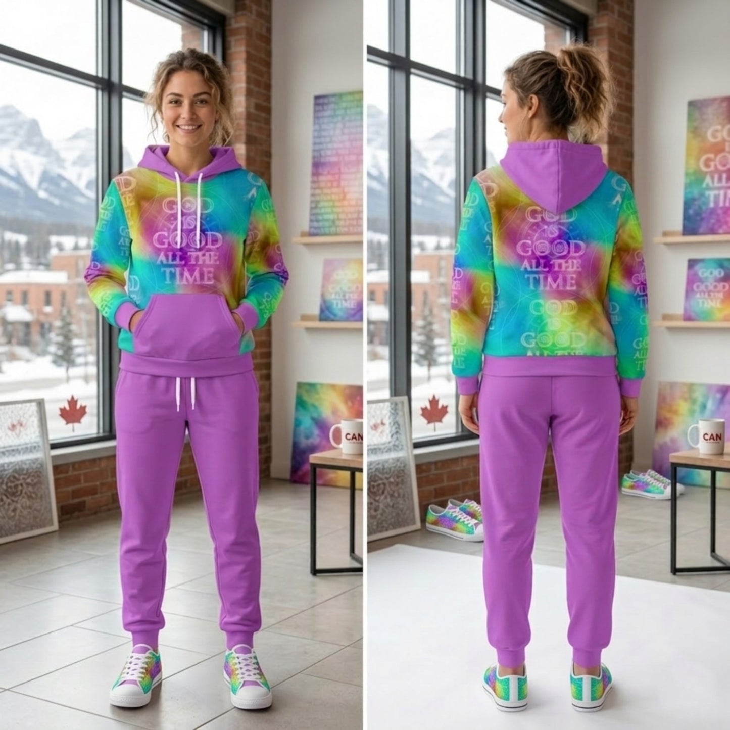 Front and back view of a woman in a studio wearing a purple sweatsuit and a colorful tie-dye hoodie with the message "God is Good All the Time