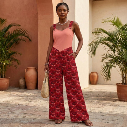 Floral Embosses: Roses 02-01 Designer Sleeveless Wide Leg Jumpsuit
