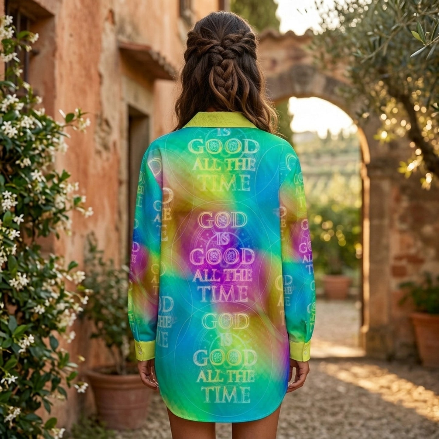 Back view of a woman in a courtyard wearing a colorful long-sleeve shirt featuring the phrase "GOD IS GOOD ALL THE TIME" in a bold pattern.