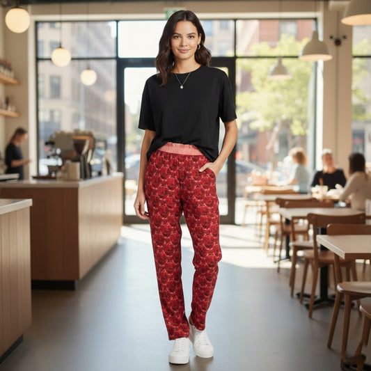 Floral Embosses: Roses 02-01 Faux Silk Open-Bottom Lounge Joggers