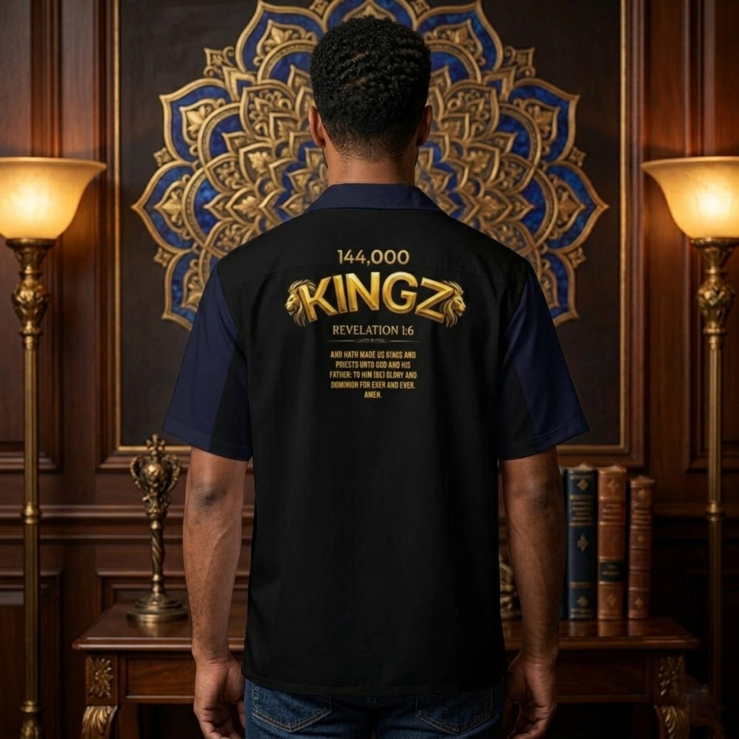 Navy shirt with gold "144,000 KINGZ" logo, "REVELATION 1:6," and a religious scripture quote printed on the back.