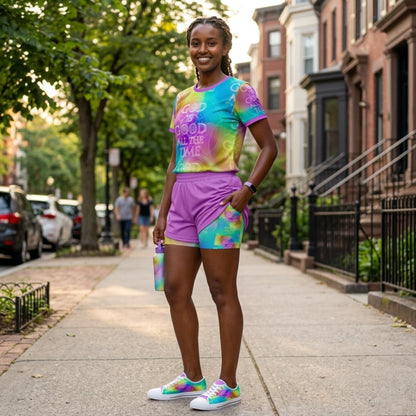 Front view of a smiling woman on a city sidewalk wearing a "God is Good" tie-dye shirt, purple shorts, and colorful sneakers.