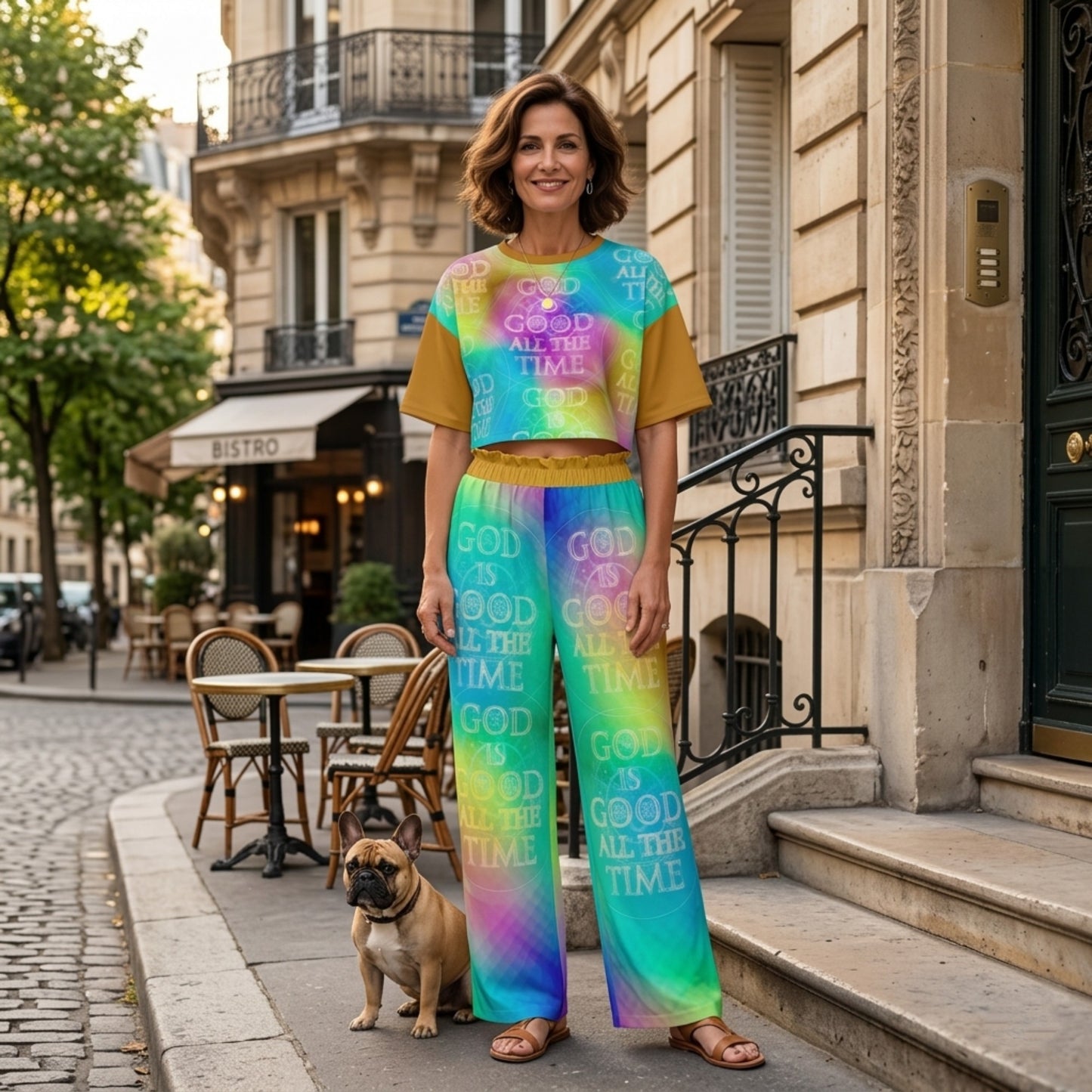 A woman and a French Bulldog on a Parisian street; she is wearing a bright tie-dye outfit with the words "God is Good All the Time."