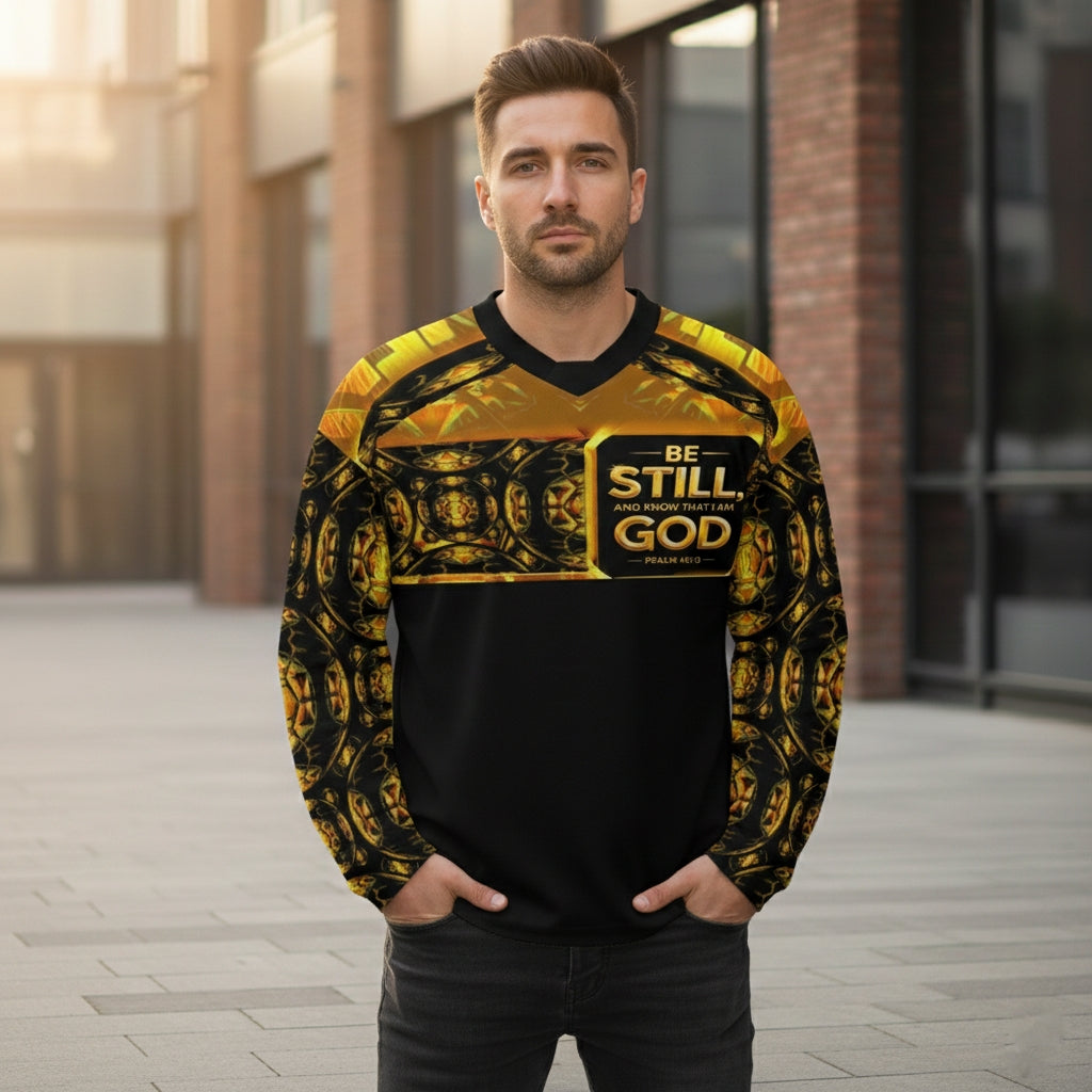 Man in a black long-sleeve shirt with ornate gold patterns and "Be Still, God" text on the chest, standing in an urban outdoor area.