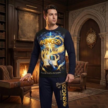 Front view of a man in a library wears a navy long-sleeve shirt with "144,000 KINGZ" in gold. The front features a Bible graphic; the back displays a Revelation 1:6 verse.