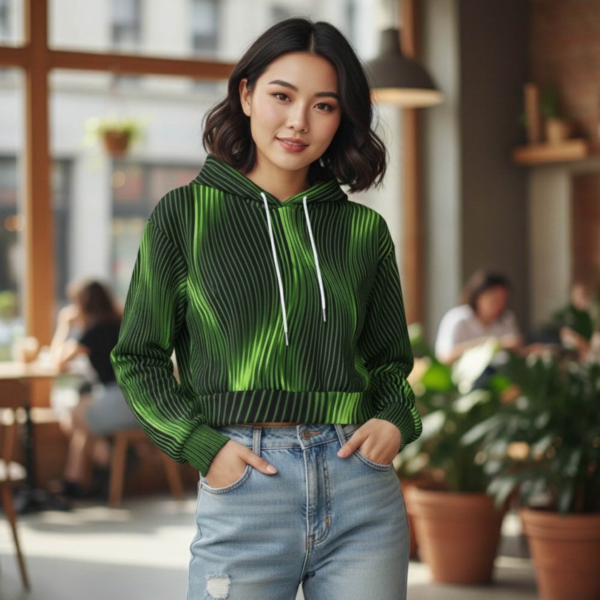 A woman posing in a cafe wearing a green and black wavy-striped cropped hoodie and light-wash jeans, smiling with her hands in her pockets.