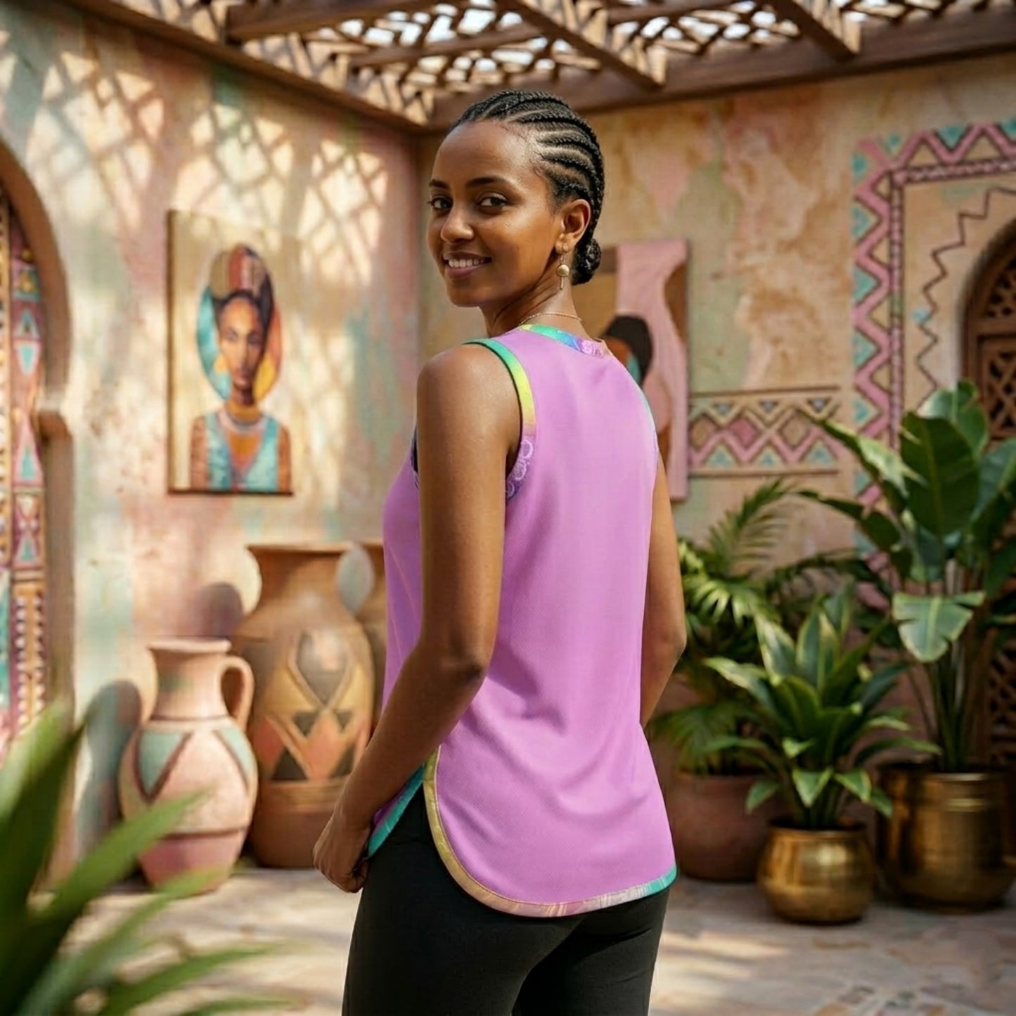 A woman looks back over her shoulder in a purple tank top with colorful trim, set against a vibrant, art-filled courtyard.