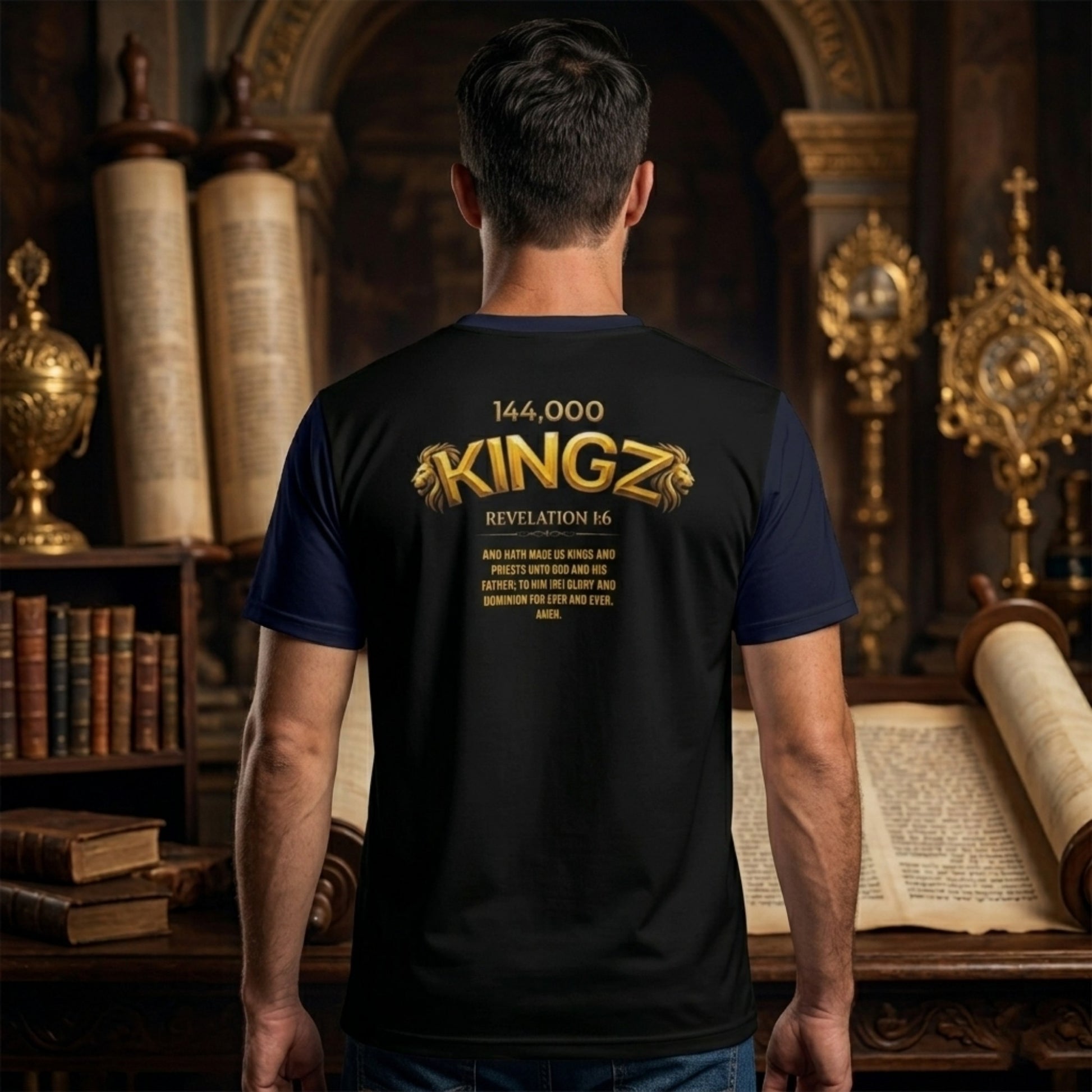 Back view of a man in a black "KINGZ" t-shirt featuring "Revelation 1:6" and a gold scripture quote, standing before ancient scrolls in a library.