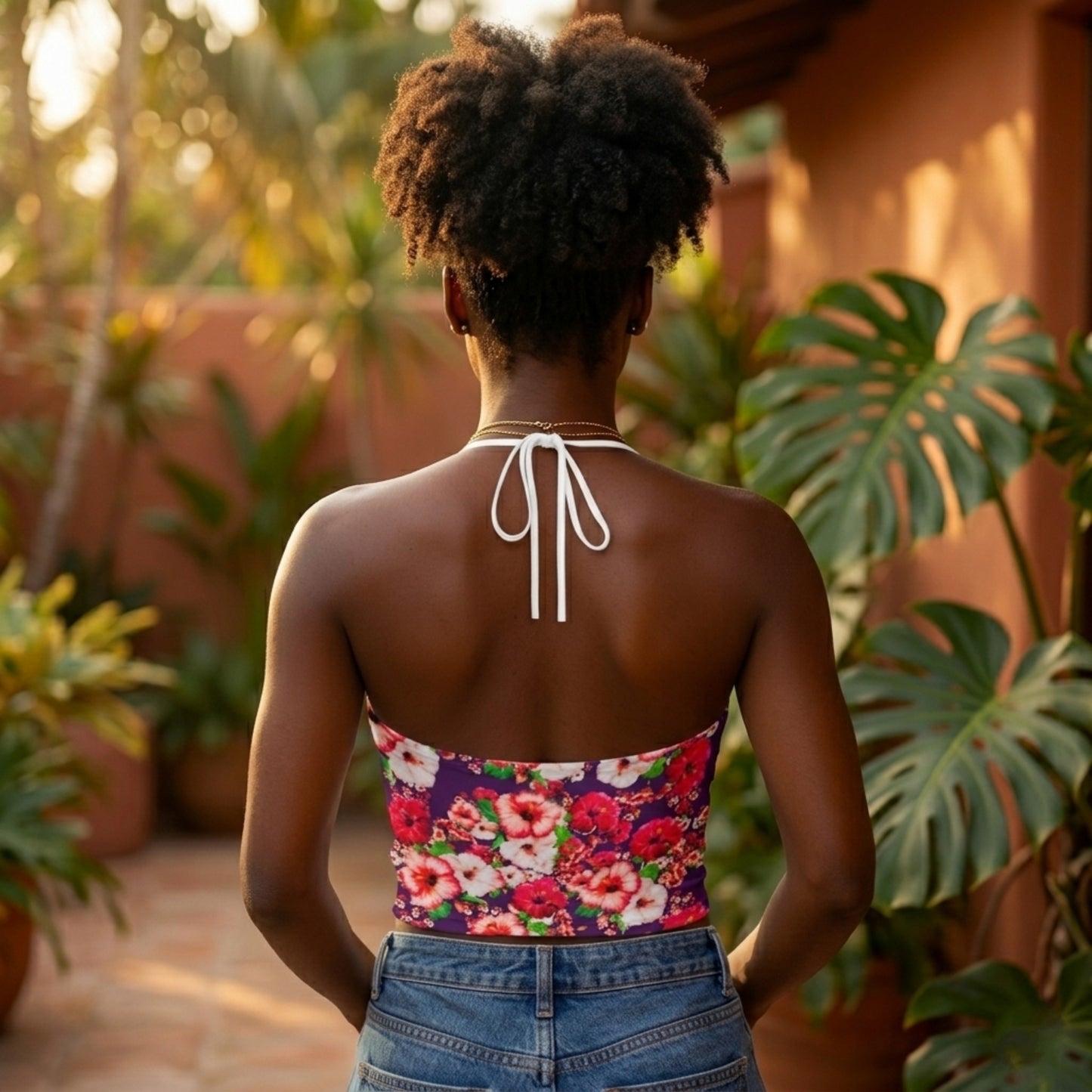 TRP Floral Prints (03): Hibiscus Flowers (01-01) "Argaman Vines" | Backless Halter Crop Top