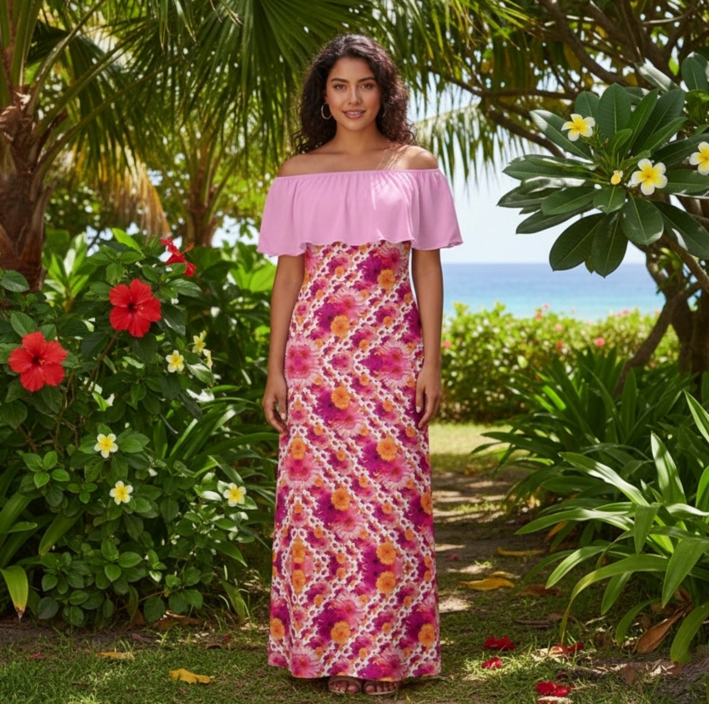 TRP Floral Print 06: Gerbera Daisies 01-01 Designer Off Shoulder Wrap Maxi Dress